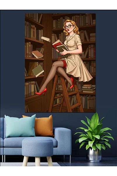 Tablomega Pânză decorativă retro pentru femei cu cărți - masă din lemn MDF
