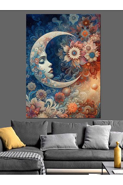 Tablomega Moon and Flowers Decorative Canvas - Mdf Wooden Painting
