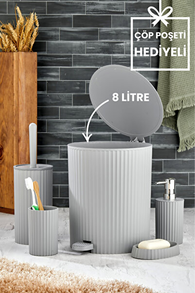 Homie ESTE -  5 Parça Pedallı Banyo Seti - Yuvarlak Çöp Kovası WC Fırçası Sıv...