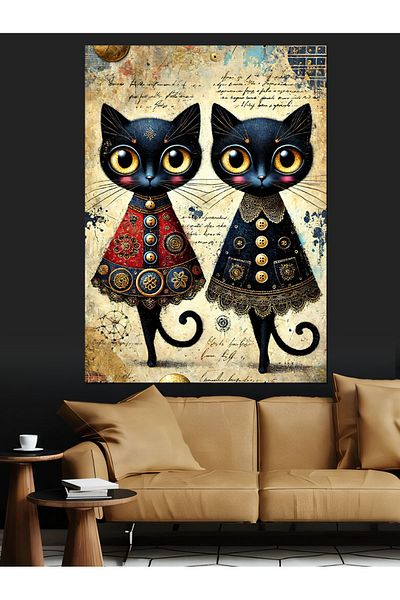 Tablomega Unique Cat Pair Decorative Canvas - Mdf Wooden Painting