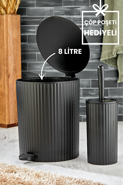 Homie 2 Parça Pedallı Banyo Seti - Pedallı Çizgili Yuvarlak Çöp Kovası WC Fır...