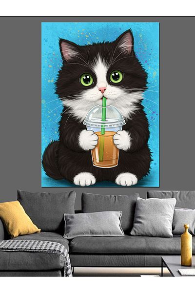 Tablomega Cat Drinking Lemonade Decorative Canvas - Mdf Wooden Painting