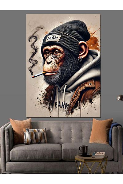 Tablomega Smoking Hat Chimpanzee Decorative Canvas - Mdf Wooden Painting