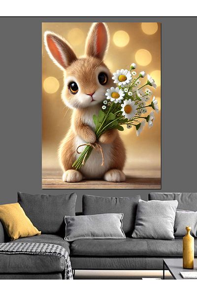 Tablomega Rabbit Holding Flowers Decorative Canvas - Mdf Wooden Painting
