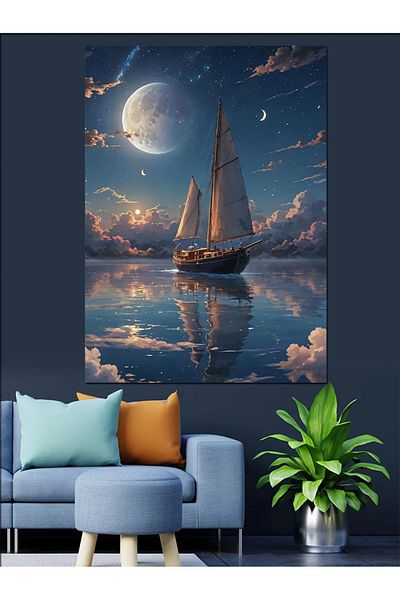 Tablomega Sailing Boat in Moonlight Decorative Canvas - Mdf Wooden Painting