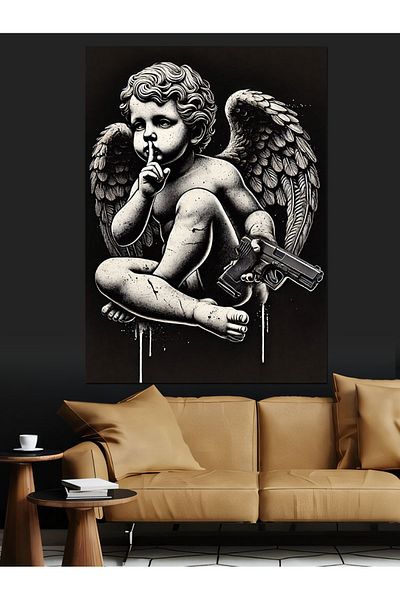 Tablomega Angel and Black and White Gun Decorative Canvas - Mdf Wooden Painting