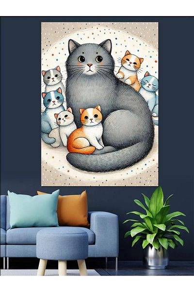 Tablomega Pânză decorativă cu desen de familie de pisici - pictură din lemn MDF