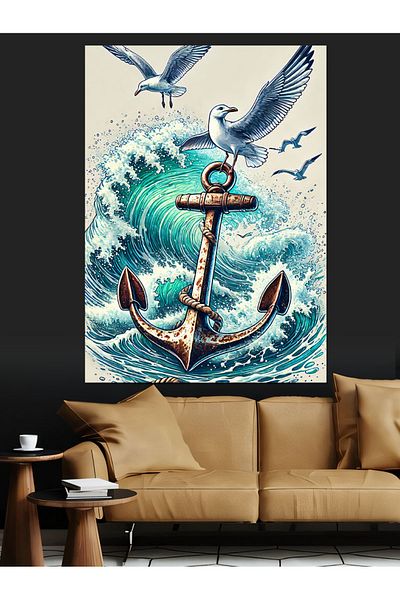 Tablomega Anchor and Sea Wave Decorative Canvas - Mdf Wooden Painting