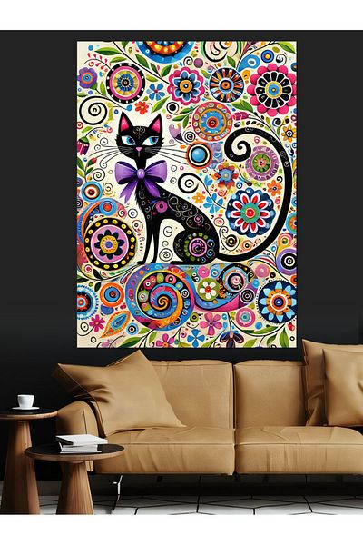 Tablomega Colorful Cat and Abstract Art Decorative Canvas - Mdf Wooden Painting
