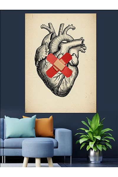 Tablomega Heart and Bandage Drawing Decorative Canvas - Mdf Wooden Painting