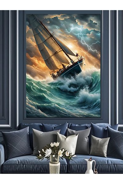Tablomega Pânză decorativă Waves Lightning și Barcă - Lemn MDF