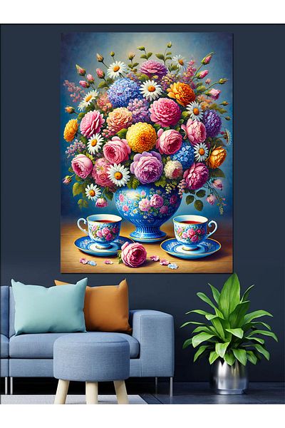 Tablomega Floral Vase and Teacup Decorative Canvas - Mdf Wooden Painting