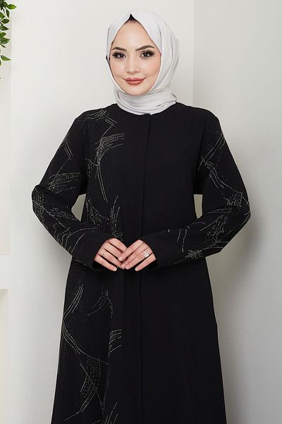 hafsamina Plus Size Ferace - Μαύρο με πέτρες στην ένα πλευρά και στα μανίκια