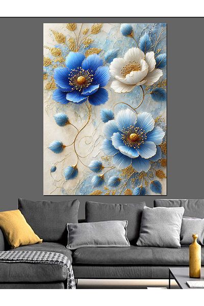 Tablomega Blue Flowers and Gold Touch Decorative Canvas - Mdf Wooden Painting