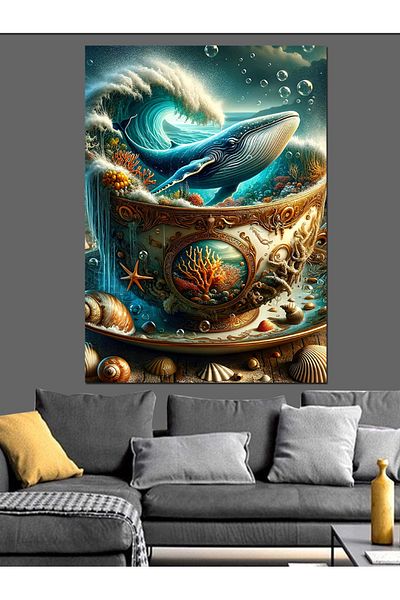 Tablomega Whale and Sea Wave Decorative Canvas Inside a Cup - Mdf Wooden Painting