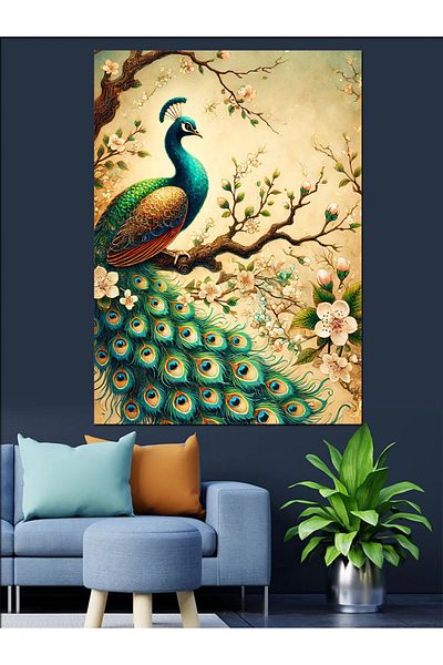 Tablomega Peacock and Flower Branch Decorative Canvas - Mdf Wooden Painting