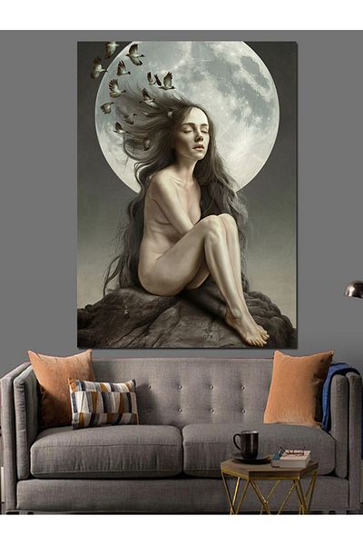 Tablomega Nude Woman and Birds in Moonlight Decorative Canvas - Mdf Wooden Painting