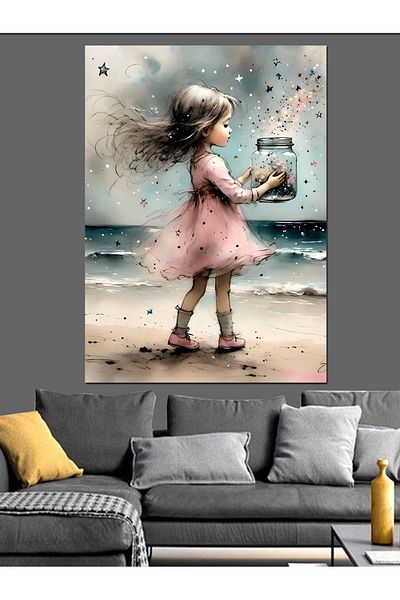 Tablomega Stars and Cute Little Girl on the Beach Decorative Canvas - Mdf Wooden Painting
