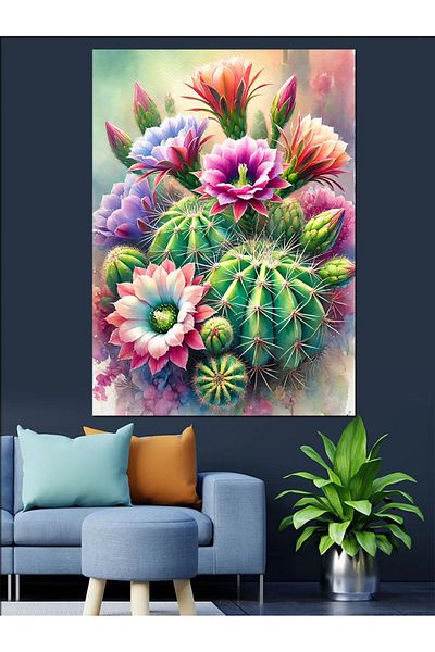 Tablomega Cactus Flowers and Colorful Elegance Decorative Canvas - Mdf Wooden Painting