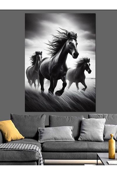 Tablomega Pânză decorativă Özgür Black Horses - Lemn MDF