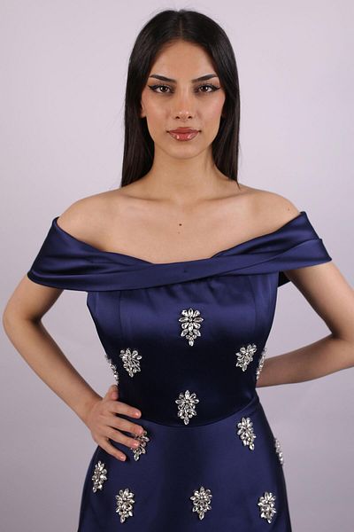 SpringStore Navy Blue Boat Neck Stone Embroidered Satin Evening Dress