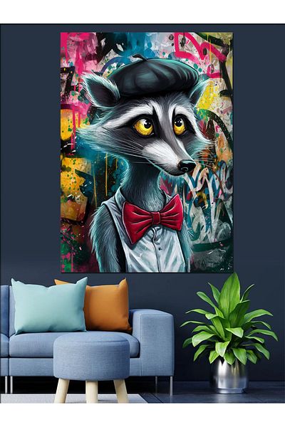 Tablomega Raccoon Decorative Canvas with Graffiti and Bow Tie - Mdf Wooden Painting