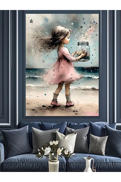 Tablomega Stars and Cute Little Girl on the Beach Decorative Canvas - Mdf Wooden Painting