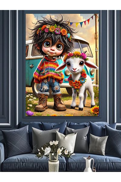 Tablomega Child and Goat Drawing Decorative Canvas - Mdf Wooden Painting