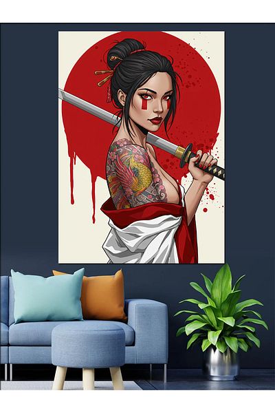 Tablomega Geisha Woman with Sword Decorative Canvas - Mdf Wooden Painting