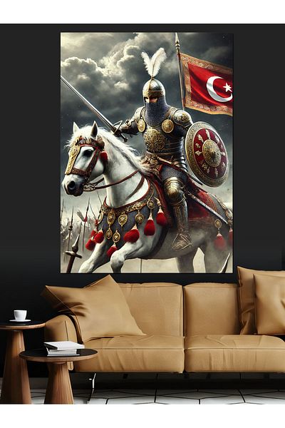 Tablomega Turkish Flag and Knight Decorative Canvas - Mdf Wooden Painting