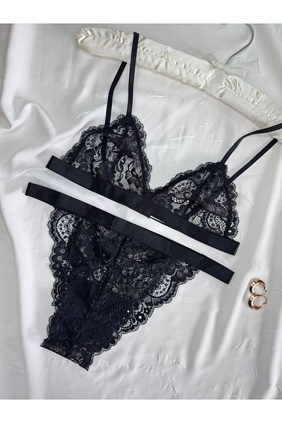 ROZENİN LINGERIE Μαύρη γυαλιστερή ταινία Λεπτομερές Σετ σουτιέν Bralet με δαντέλα