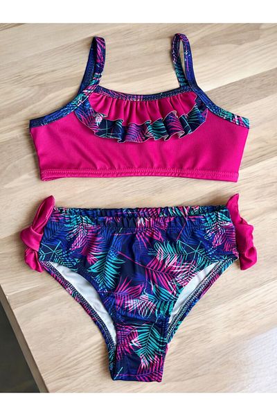 Lyrax Set de bikini pentru fete cu volane cu modele tropicale - Set de costume de baie de vară din 2 piese