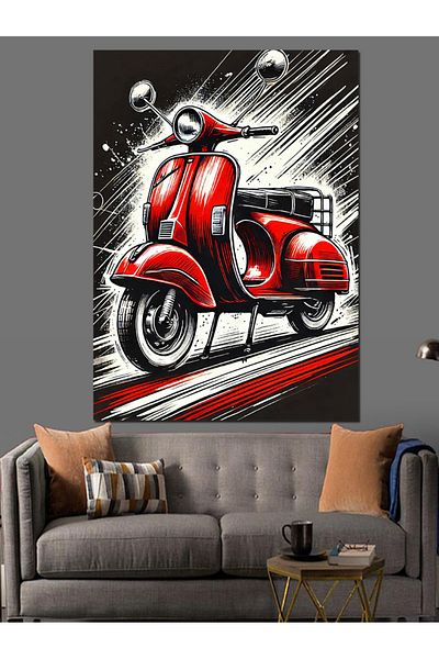 Tablomega Κόκκινη Vespa και Retro Lines Διακοσμητικός Καμβάς - Ξύλινος Πίνακας MDF