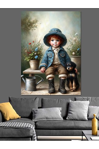 Tablomega Boy and Dog with Blue Hat Decorative Canvas - Mdf Wooden Painting