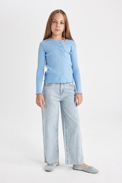 DeFacto Tricou cu mânecă lungă pentru fete, cu decolteu, de bază, uni, cu nervuri B2387a824au