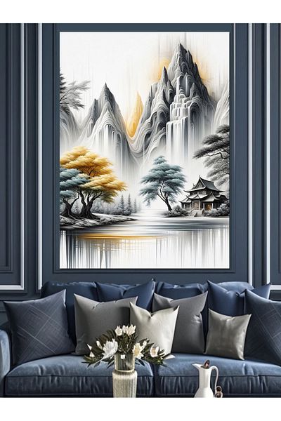 Tablomega White Mountain and House Landscape Decorative Canvas - Mdf Wooden Painting