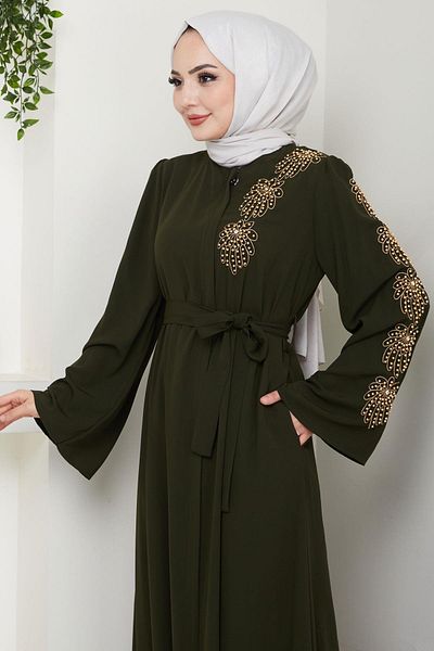 hafsamina Κορδόνι με λουλούδια και πέτρες Ferace Khaki (HM2713)