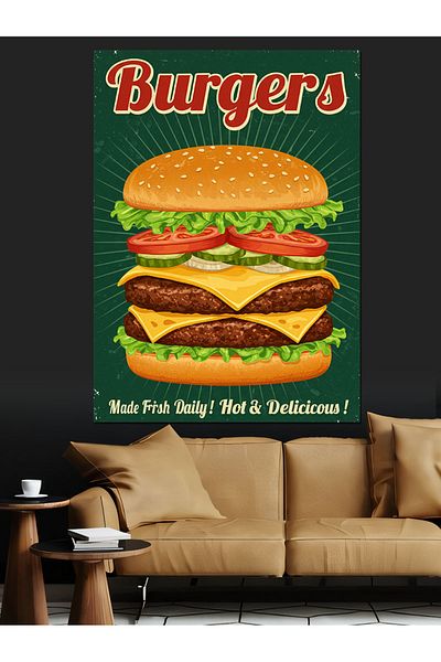 Tablomega Retro Burger Poster Decorative Canvas - Mdf Wooden Painting