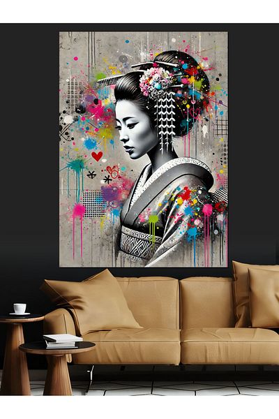 Tablomega Πορτρέτο Geisha και Χρώματα Διακοσμητικός Καμβάς - Ξύλινος Πίνακας MDF