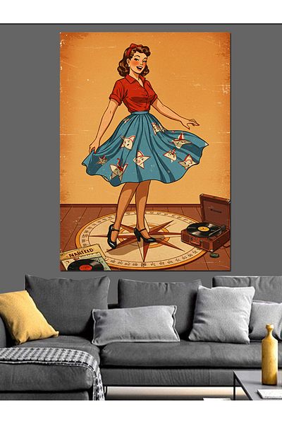 Tablomega Pânză Decorativă Retro Femei În Cerc - Lemn MDF