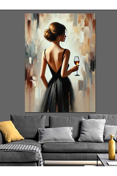 Tablomega Woman Decorative Canvas with Wine Glass - Mdf Wooden Painting
