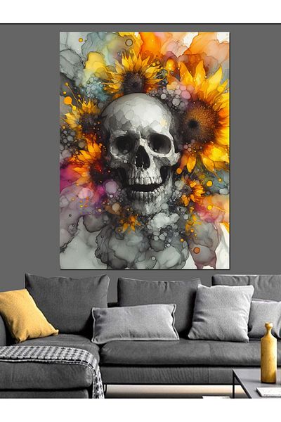 Tablomega Skull and Flowers Decorative Canvas - Mdf Wooden Painting