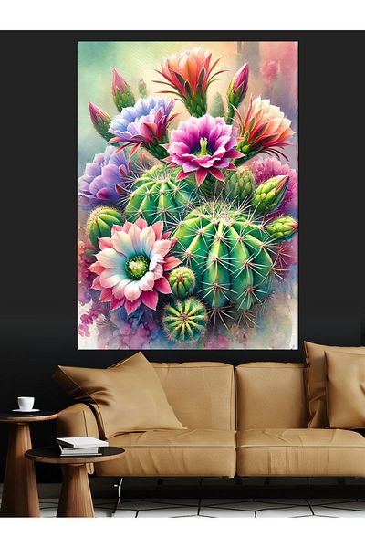 Tablomega Cactus Flowers and Colorful Elegance Decorative Canvas - Mdf Wooden Painting