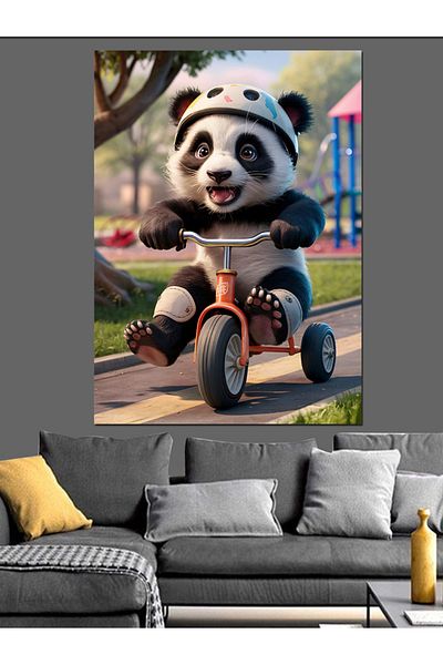 Tablomega Cute Panda Riding a Bicycle Decorative Canvas - Mdf Wooden Painting