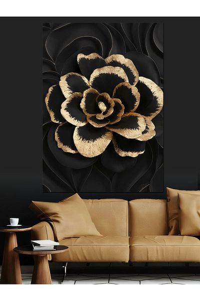 Tablomega Black Yellow Flower Pattern Decorative Canvas - Mdf Wooden Painting