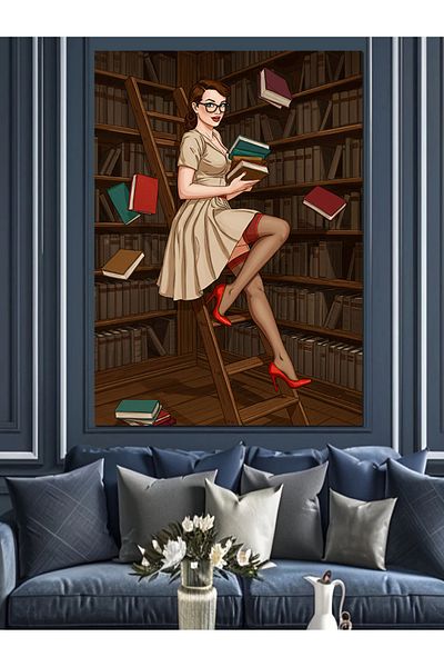 Tablomega Retro Woman Decorative Canvas with Books - Mdf Wooden Painting
