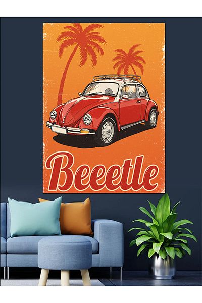 Tablomega Palmiers and Retro Vosvos "Beetle" Decorative Canvas - Mdf Wooden Painting