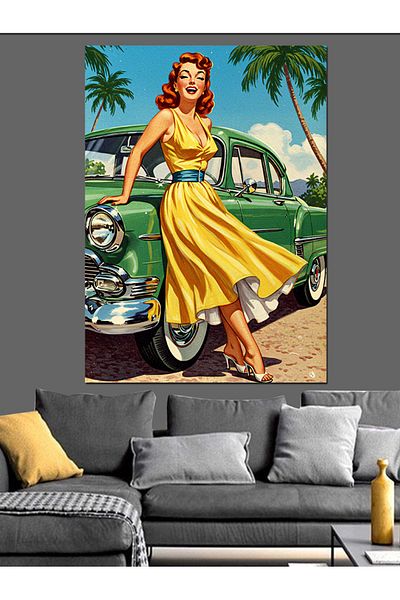 Tablomega Retro Woman and Classic Car Decorative Canvas - Mdf Wood Painting