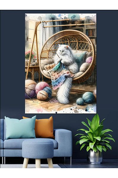 Tablomega Knitting White Cat and Yarns Decorative Canvas - Mdf Wooden Painting