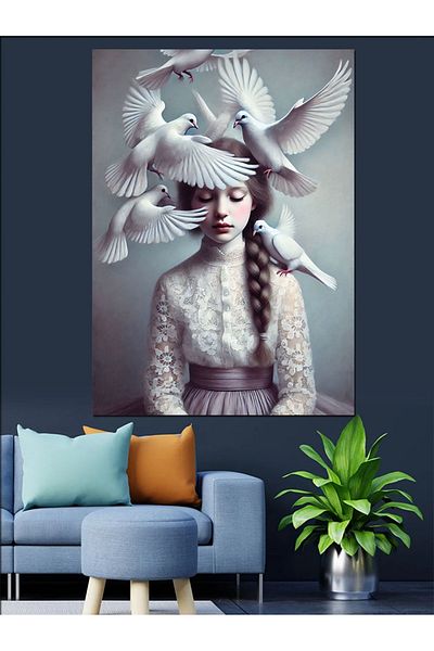 Tablomega White Woman with Pigeons Decorative Canvas - Mdf Wooden Painting